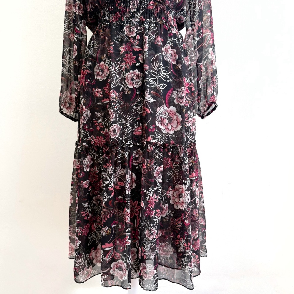 MISA MAYLI BLACK PINK WHITE FLORAL PRINT LONG SLEEVE COLLARED BUTTON UP DRESS - Picture 6 of 17